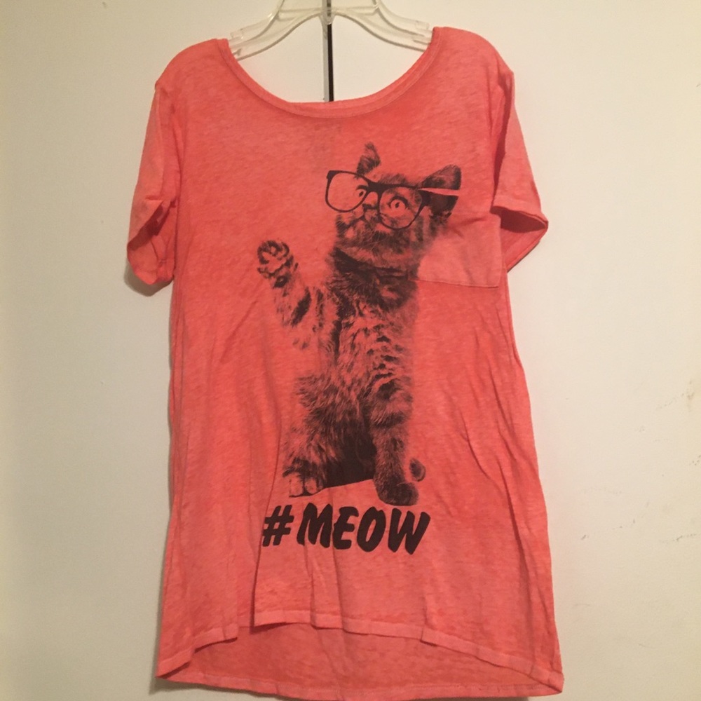 Junior Girl’s L Coral Hipster Cat w/ Glasses Shirt